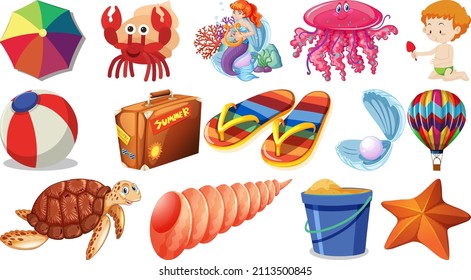 Set of summer beach objects and cartoon characters illustration