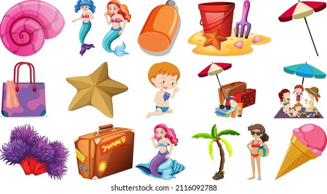 Set of summer beach objects and cartoon characters illustration
