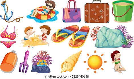 Set of summer beach objects and cartoon characters illustration