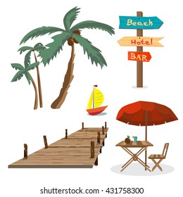 Set of summer beach objects. Summer Holidays. Palm trees, a wooden pier, a table with an umbrella, a wooden pointer, yacht