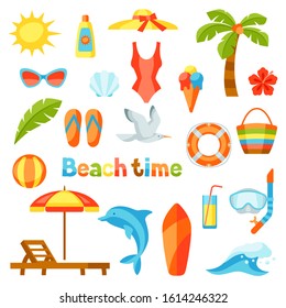 Set of summer and beach objects. Illustration of stylized items.