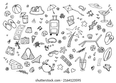 Set of summer and beach objects. Illustration of stylized items.
Cute hand drawn vacation vector set.
