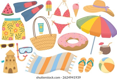 Set of summer beach objects isolated on white background. Collection of elements for vacation and activities.