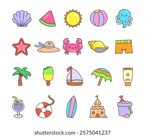 Set of summer beach objects with marine animals, tropical decor, refreshing drink, delicious food, and creative elements for seaside vacation illustrations stylish projects.