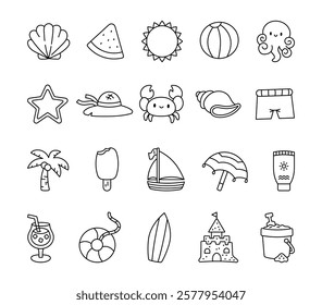 Set of summer beach objects with marine animals, tropical decor, refreshing drink, delicious food, and creative elements for seaside vacation illustrations stylish projects.