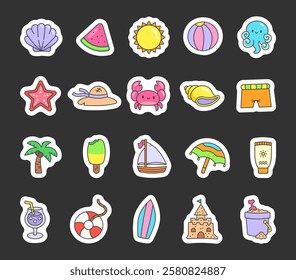 Set of summer beach objects with marine animals, tropical decor, refreshing drink, delicious food, and creative elements for seaside vacation illustrations stylish projects.