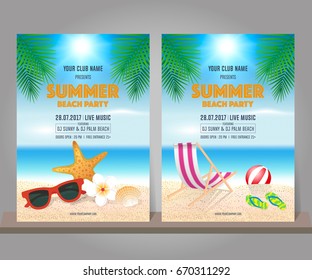 Set of summer beach party design template for poster, flyer, banner. Summer tropical background. Vector Illustration.