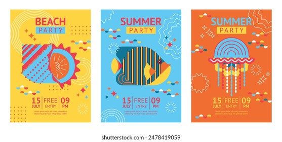 Conjunto de volantes de fiesta de playa de verano Plantilla. Fondo creativo moderno con concha geométrica abstracta, peces, medusas y Elementos de diseño. 