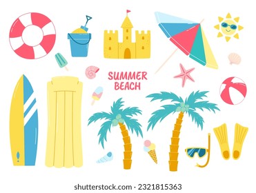 Set of summer beach play equipment. Sea and ocean vacations accessories. Vector illustrations collection