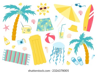 Set of summer beach play equipment and relax accessories. Sea and ocean vacations. Vector illustrations collection