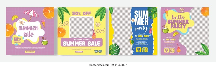 Set of summer beach or pool party editable social media post, banner for summer fashion sale offer template bundle, summer Holiday and tour advertisement, summer square flyer or poster design pack