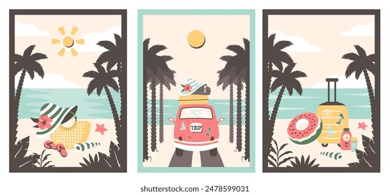 Set of summer beach retro card. Summer backgrounds. Tropical seascape with Family car,  beach elements, suitcases, sunhat, palm trees, seashells. Vector flat illustration for travel, holidays, relax
