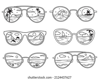 Set of summer beach scene reflected in sunglasses. Collection of glasses with tropical seascape, coconut tree, beach with sunset. Vector illustration of  vacation holidays.