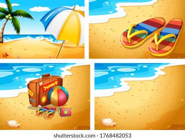 Set of summer beach scenes illustration