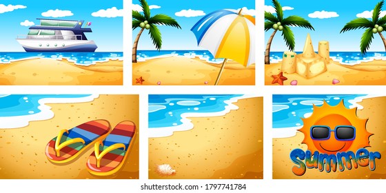 Set of summer beach scenes illustration