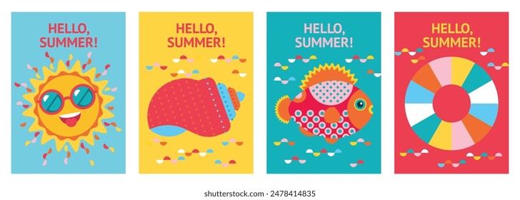 Set of summer, beach and sea backgrounds with sun, fish, shell, inflatable ring. Seascape summertime abstract backdrops. Travelling, recreation, vacation. Poster, banner, flyer, invitation