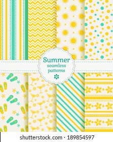 Set of summer and beach seamless patterns. Vector illustration.