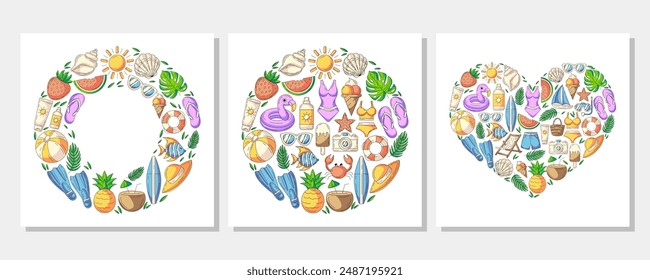 Set of summer beach square card with beach elements in round and heart shape. Collection of colorful beach accessories icons isolated on white. For poster, flyer, banner, invitation, social media