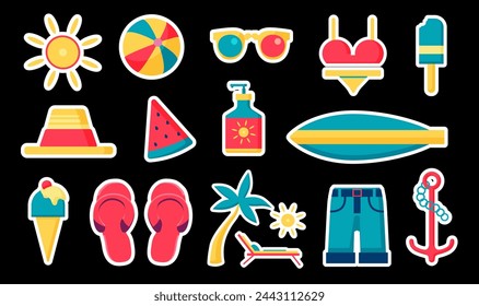 Set of summer beach stickers, collection of graphic design elements and labels with summertime vacation objects. Vector illustrations.