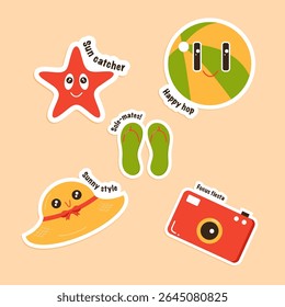 Set of summer beach stickers. Summer element sticker. Cartoon flat vector 