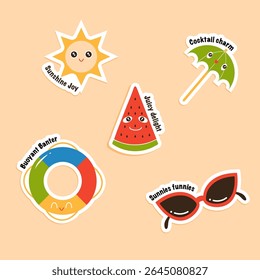 Set of summer beach stickers. Summer element sticker. Cartoon flat vector 