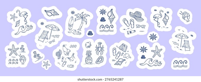 Set of summer beach stickers with seashells palm trees waves sun marine elements and vacation icons hand drawn collection for social media stickers packaging branding planners scrapbooking.Vector