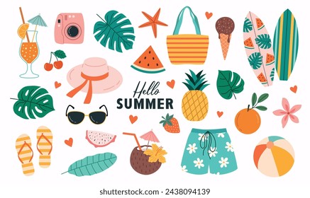 Set of summer beach stickers. Tropical elements