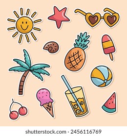 A set of summer beach stickers. Vector illustration