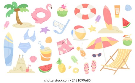 Conjunto de productos de playa de verano para viajar en vacaciones aislado sobre fondo blanco. Concepto de vacaciones, ambiente de verano, objetos turísticos del mar, Elementos de fiesta en la playa, vacaciones tropicales. Ilustración vectorial plana.