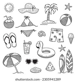 Set of summer and beach theme design elements in doodle style