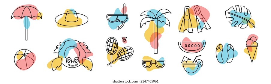 Set of summer beach  tropical elements in outline style with abstract organic shapes on white background. Sun umbrella, hat, diving mask, ice cream, swimming mattress, badminton, palm tree.Vector.