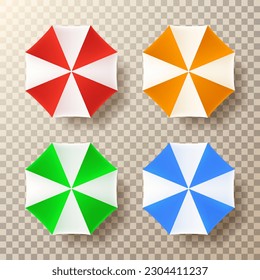 Set of summer beach umbrellas. Vector illustration of summer beach umbrellas. Top view on vector elements isolated on checkered background.