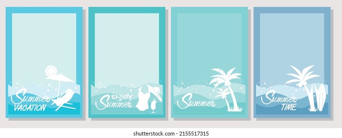 Set of Summer Beach and Vacation concept frame. Blue sea and waves background decoration with summer icons and text. Summer concept template collection. Vector illustration.