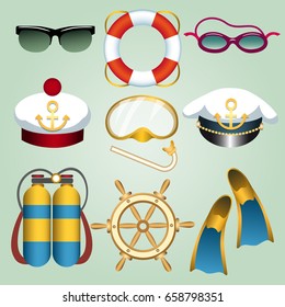 Set of summer beach vacation emblems drawn in cartoon style. Sun and swim glasses, seaman caps, flippers, life buoy, steering wheel, diving mask etc. Vector illustration.