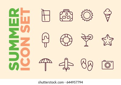 Set summer beach vacation icons with a cocktail. Beach drink and ice cream. Sun umbrella and beach slippers flip flops on light background. Airplane and camera. Vector illustration summer theme