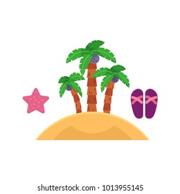 Set of summer beach vacation objects - island with palm trees, starfish and flip flops, flat cartoon vector illustration isolated on white background. Set of palm tree island, starfish and flip flops