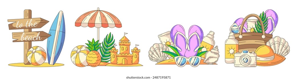 Set of summer beach vector illustrations, composition from seasonal elements and accessories for summertime rest. Surfboard, palm tree, sand castle, bag with sunscreen, flip flops, camera, pineapple