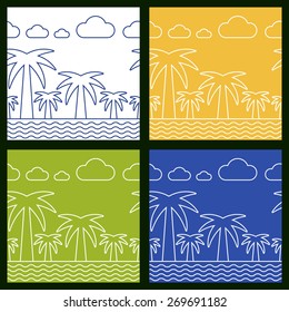 Set of summer beach vector seamless background. Palm tree, sea and clouds line silhouette illustration. 