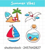 Set of Summer beach vibes hand drawn cute elements collection