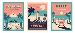 Set Of Summer Beach Vintage Card. Summer Background. Tropical Seascape With Silhouettes Of Bus, Palm Leaves, Flamingo, Surfboards, Starfish, Seashells. Vector Flat Illustration For Travel, Holidays