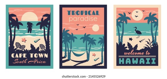 Set of summer beach vintage card. Summer background. Tropical seascape with silhouettes of girl, palms, flamingo, hammock. Vector  flat illustration for travel, vacation holidays, poster, postcard