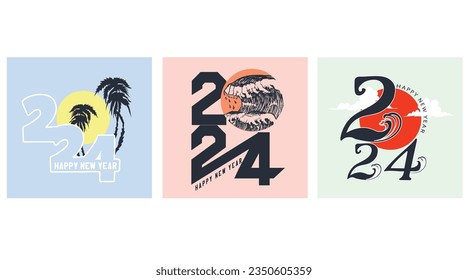 SET summer beach waves and palm tree vibes happy new year 2024, 2024 new year celebration concept for greeting card, banner and post template