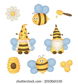 set summer with bee gnome isolated on white background. vector illustration.