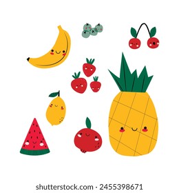 Set of summer berries, fruits in cartoon style. Banana Pineapple, watermelon, cherry, strawberry and pomegranate. 