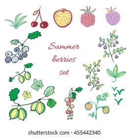 Set of summer berries. Raspberry, blackberry, cranberry, blueberry, cherry, strawberry, gooseberry elements. Bright colors