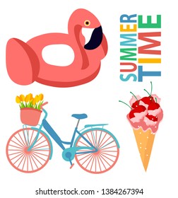 set summer bicycle ice cream flat design summertime flat design flamingo cherry colorful print tulips food pink pool