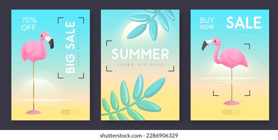 Set of summer big sale modern covers with 3d plastic flamingo and tropic leaves. Summer background. Vector illustration