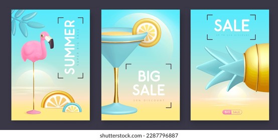 Set of summer big sale modern covers with 3d plastic pineapple, flamingo and cocktail. Summer background. Vector illustration