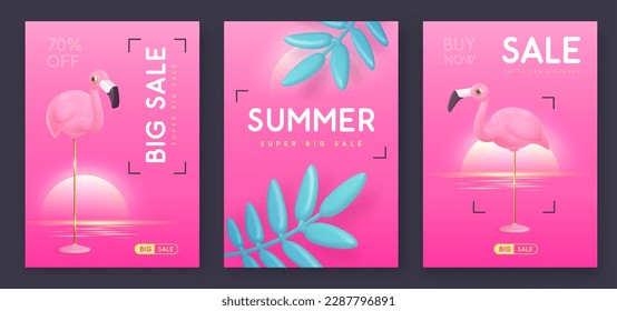 Set of summer big sale modern covers with 3d plastic flamingo and tropic leaves. Summer background. Vector illustration