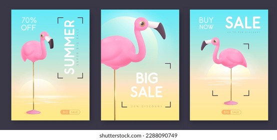 Set of summer big sale modern covers with 3d plastic flamingo and ocean landscape. Summer background. Vector illustration